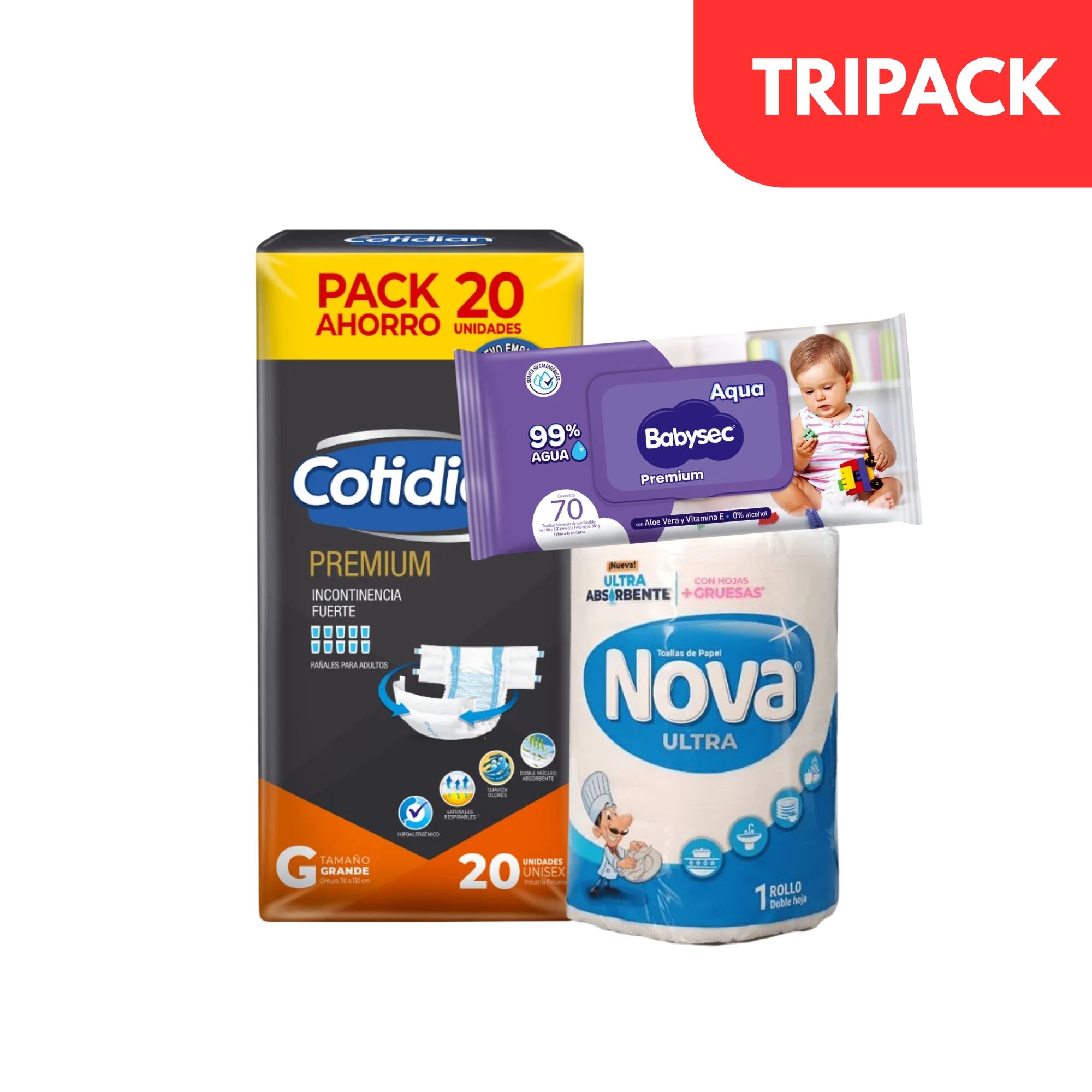 Pañal Cotidian Premium Talla G 20 UN & Toalla Nova & Toallitas Húmedas Babysec Premium - Pack 3 UN